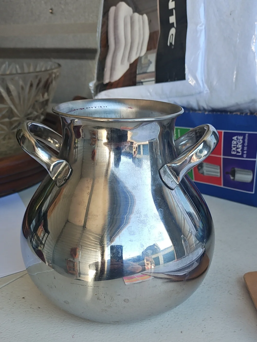 Polished Silver-Tone Two-Handle Decorative Vase